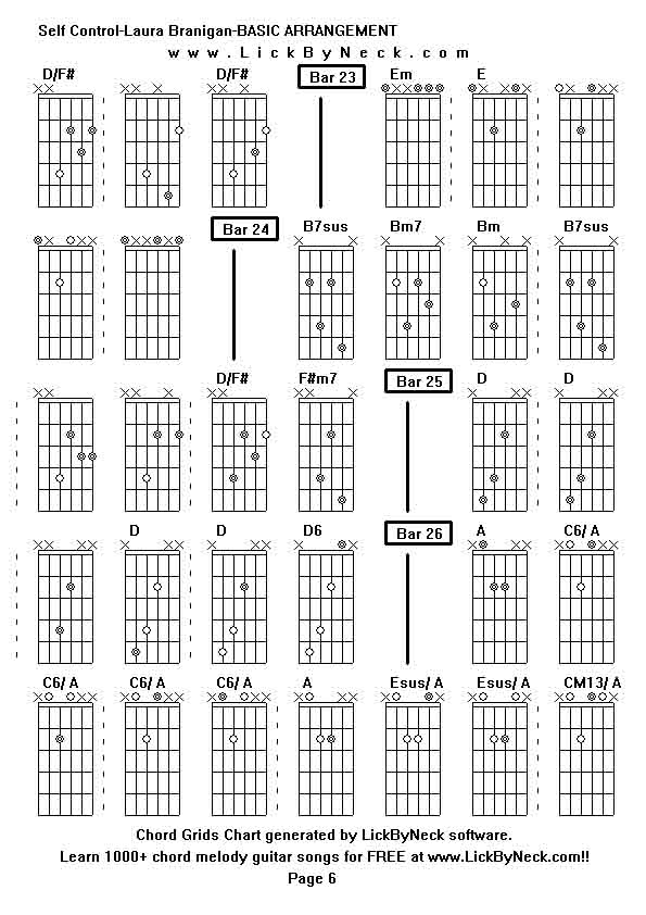 Chord Grids Chart of chord melody fingerstyle guitar song-Self Control-Laura Branigan-BASIC ARRANGEMENT,generated by LickByNeck software.